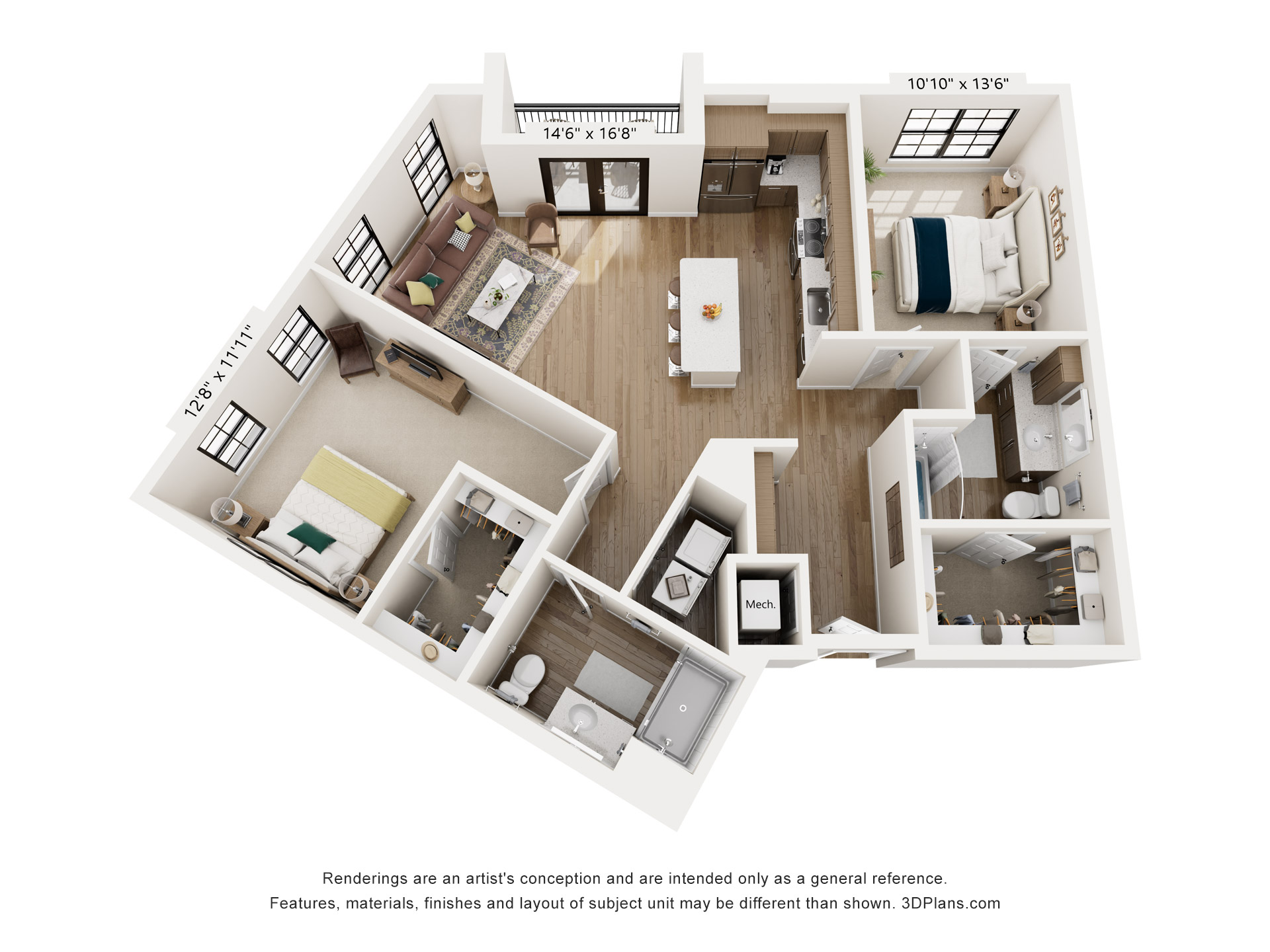 Floor plan for 2 beds, 2 baths, 1256 sqft